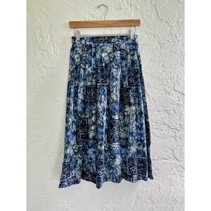 Melrose Petite Silk Skirt Womens Small Vintage Blue Abstract Midi
